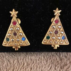 Vintage ~ Avon Gold Tone Clip On Earrings ~ Christmas Tree w/Rhinestones ~ 1.25"